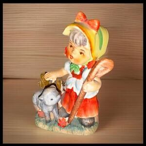 Vintage Japan Ceramic Girl with Lamb Figurine (Hand-Painted, Pastel)